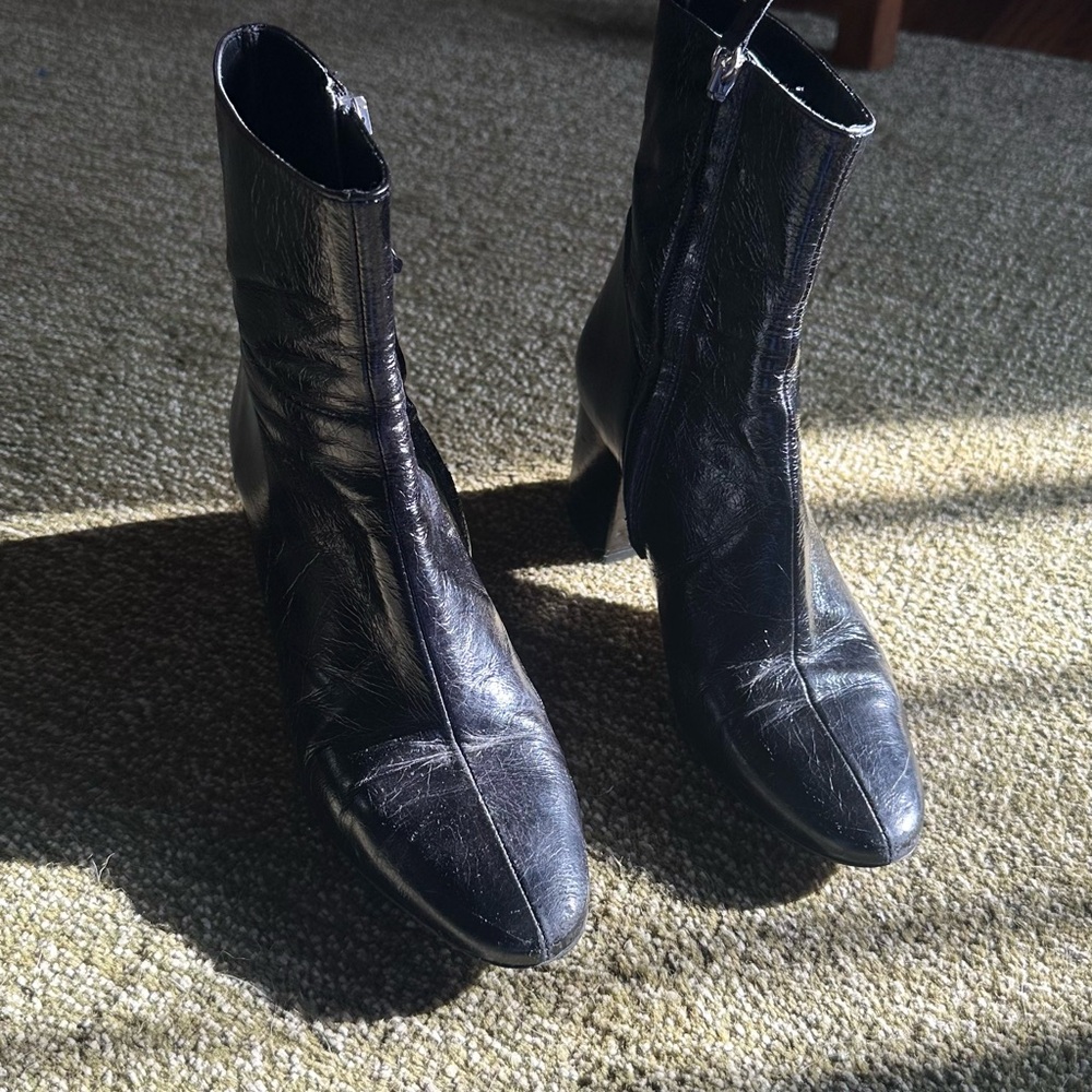 Zara crinkle leather block heel boots